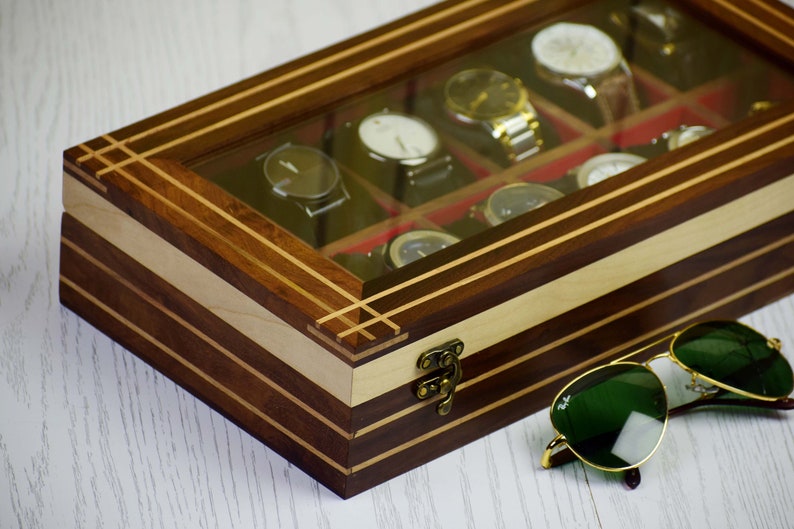 Vintage Rosewood 12 slot Unique Watch Box Case Organizer Collection for Men Birthday Gift Father Son Husband Boyfriend Anniversary Christmas