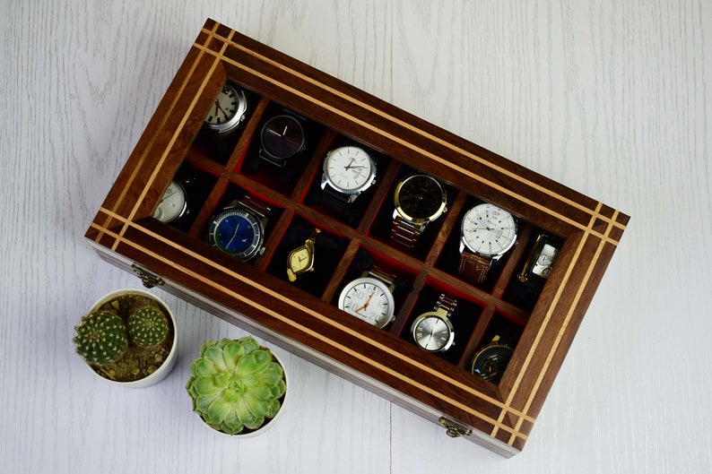 Vintage Rosewood 12 slot Unique Watch Box Case Organizer Collection for Men Birthday Gift Father Son Husband Boyfriend Anniversary Christmas