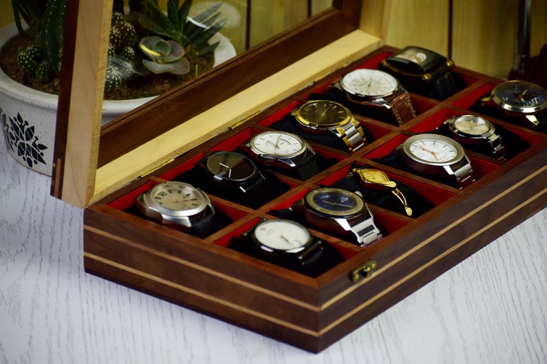 Vintage Rosewood 12 slot Unique Watch Box Case Organizer Collection for Men Birthday Gift Father Son Husband Boyfriend Anniversary Christmas