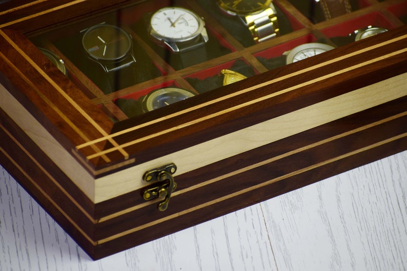 Vintage Rosewood 12 slot Unique Watch Box Case Organizer Collection for Men Birthday Gift Father Son Husband Boyfriend Anniversary Christmas