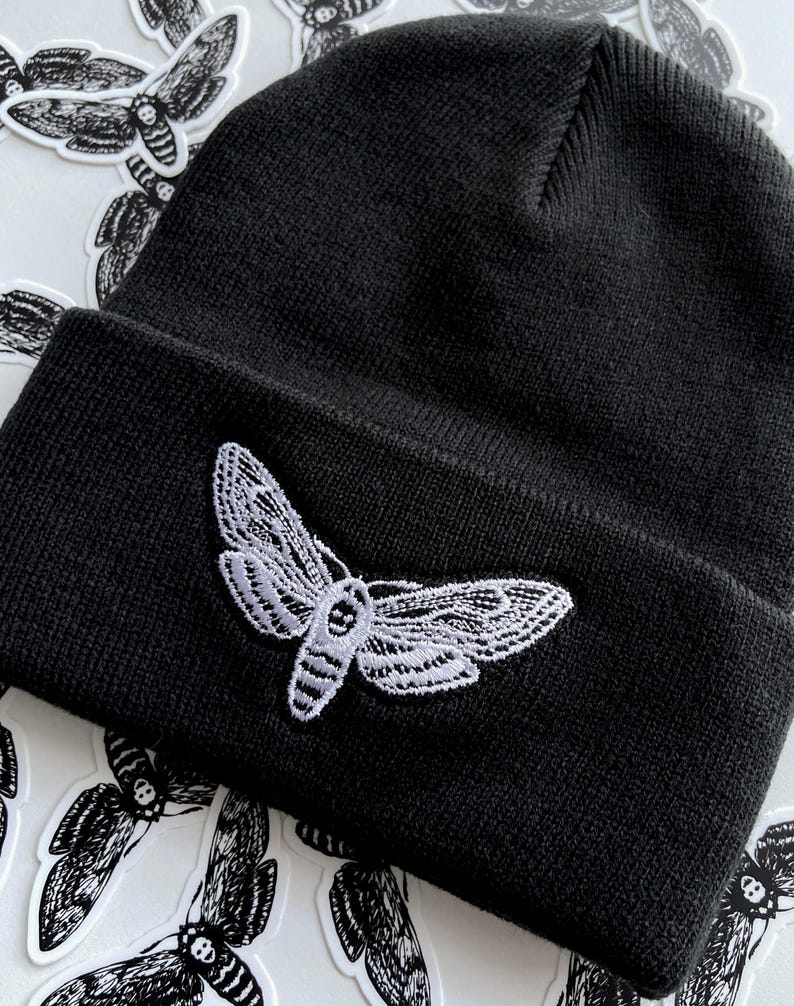 MOTH BEANIE - Embroidered Black Beanie, Spooky Halloween Hat, Death Head's Hawkmoth Bug Hat, Goth Stocking Stuffer, Spooky Horror Gift