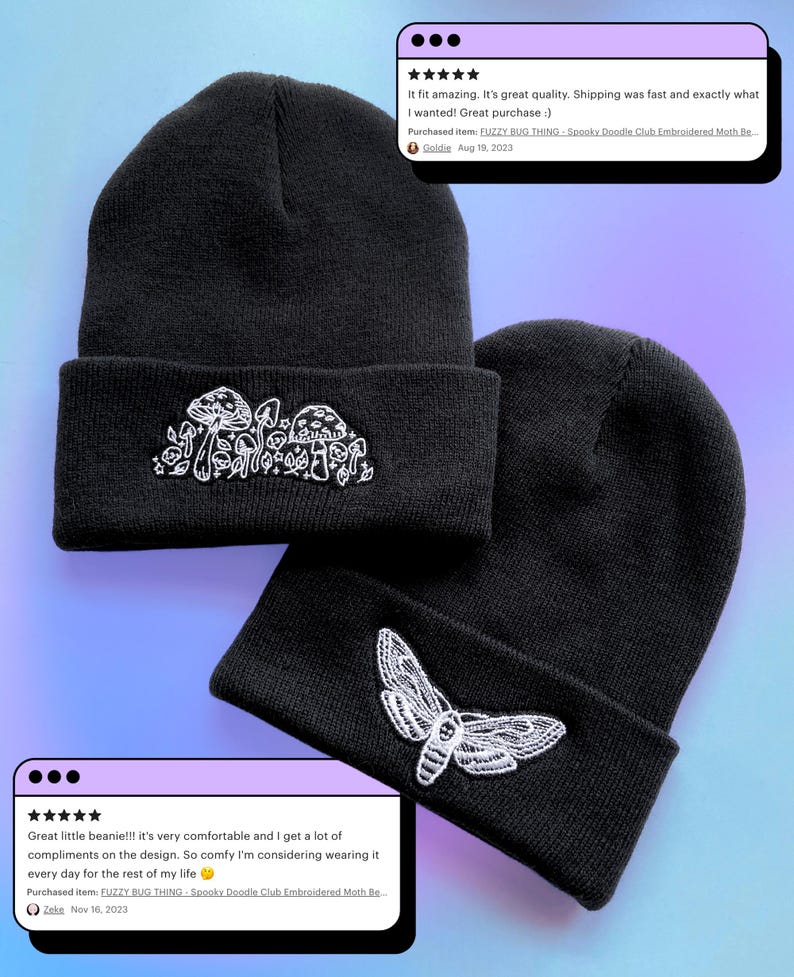 MOTH BEANIE - Embroidered Black Beanie, Spooky Halloween Hat, Death Head's Hawkmoth Bug Hat, Goth Stocking Stuffer, Spooky Horror Gift