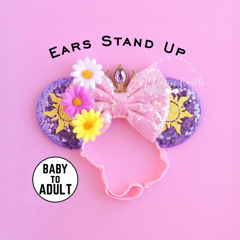 Rapunzell Minnie Ears, MickeyEar for Babies, Tangle Mouse Ears Elastic Headband, Toddler Flowers Sun Crown Mouse Ears, Adjustable Headband