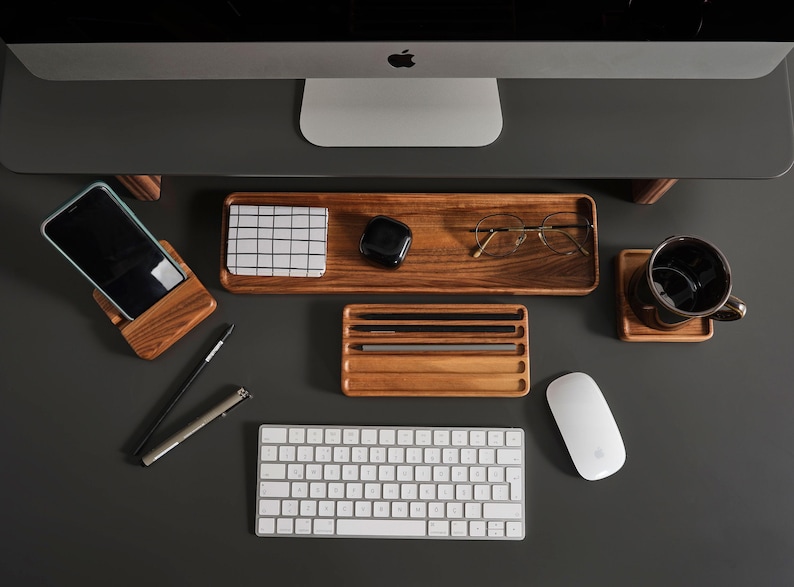 Handmade Beech Wood Desk Organizer Set: Minimalist Office Storage
