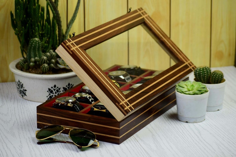 Vintage Rosewood 12 slot Unique Watch Box Case Organizer Collection for Men Birthday Gift Father Son Husband Boyfriend Anniversary Christmas