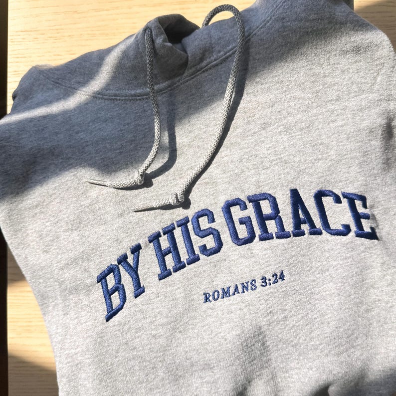 By His Grace | embroidered Christian hoodie vintage, Christian Men Gift, faith streetwear, aesthetic Christian gym apparel