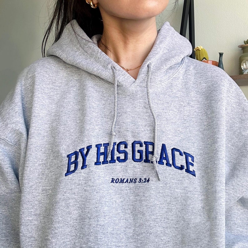 By His Grace | embroidered Christian hoodie vintage, Christian Men Gift, faith streetwear, aesthetic Christian gym apparel