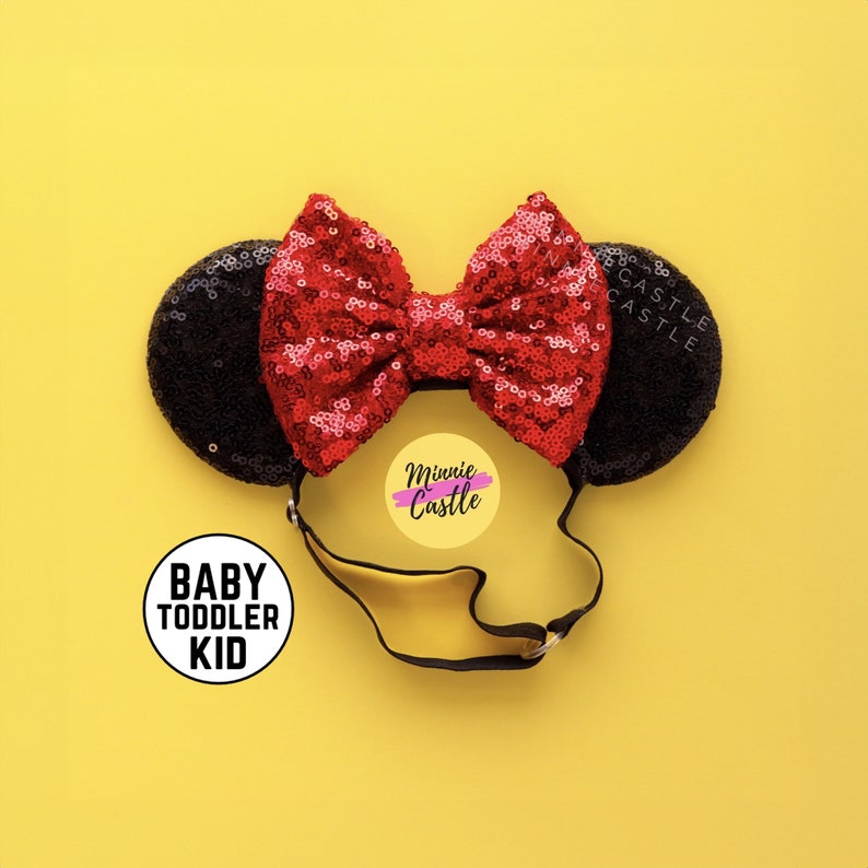 Minnie ears, Baby toddlers Mickey ears, Mouse ears with adjustable elastic headband, Baby Disney ears, Mickey ears, red black Sequin ears