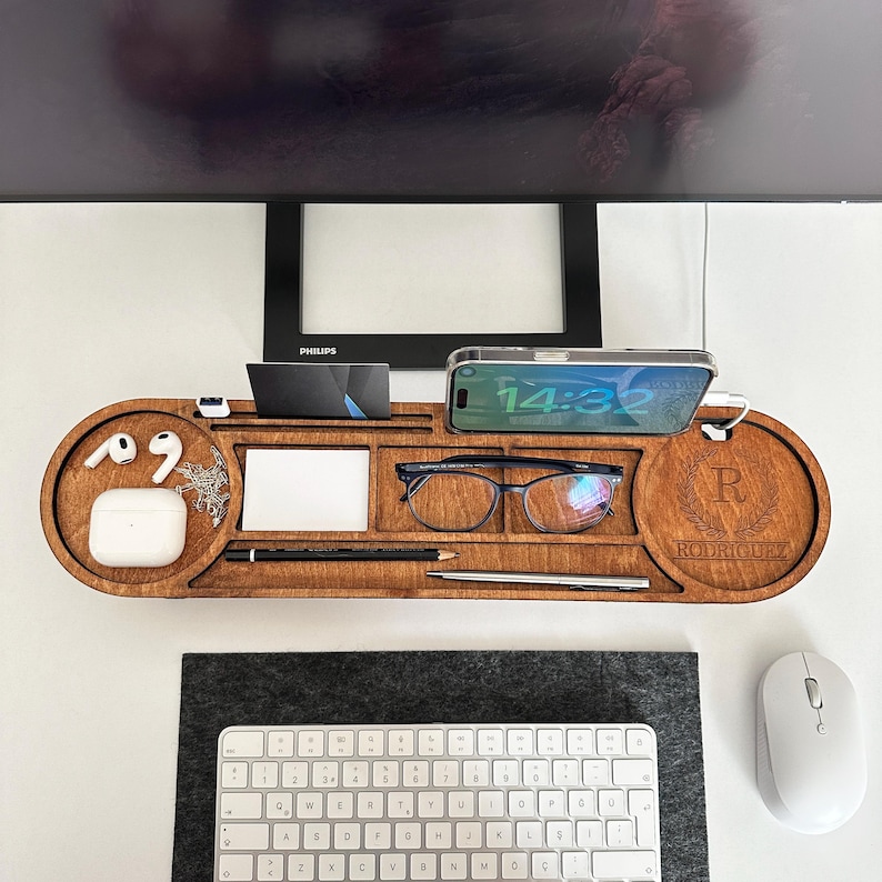 Personalized Wood Desk Organizer-Office Desk Accessories-Custom Tablet and Phone Stand- Custom Docking Station- Custom Organizer Gift
