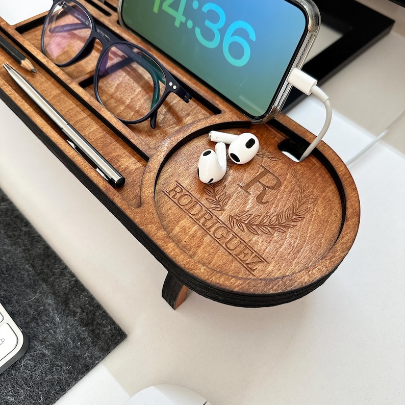 Personalized Wood Desk Organizer-Office Desk Accessories-Custom Tablet and Phone Stand- Custom Docking Station- Custom Organizer Gift

