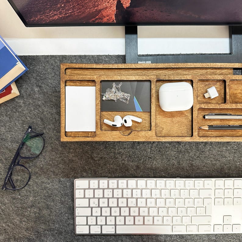 Personalized Wood Desk Organizer for Home Office-Custom Docking Station-Wood Catch All Tray Desk Organizer-Tablet and Phone Stand-Xmas Gift
