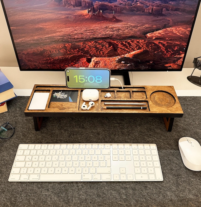 Personalized Wood Desk Organizer for Home Office-Custom Docking Station-Wood Catch All Tray Desk Organizer-Tablet and Phone Stand-Xmas Gift
