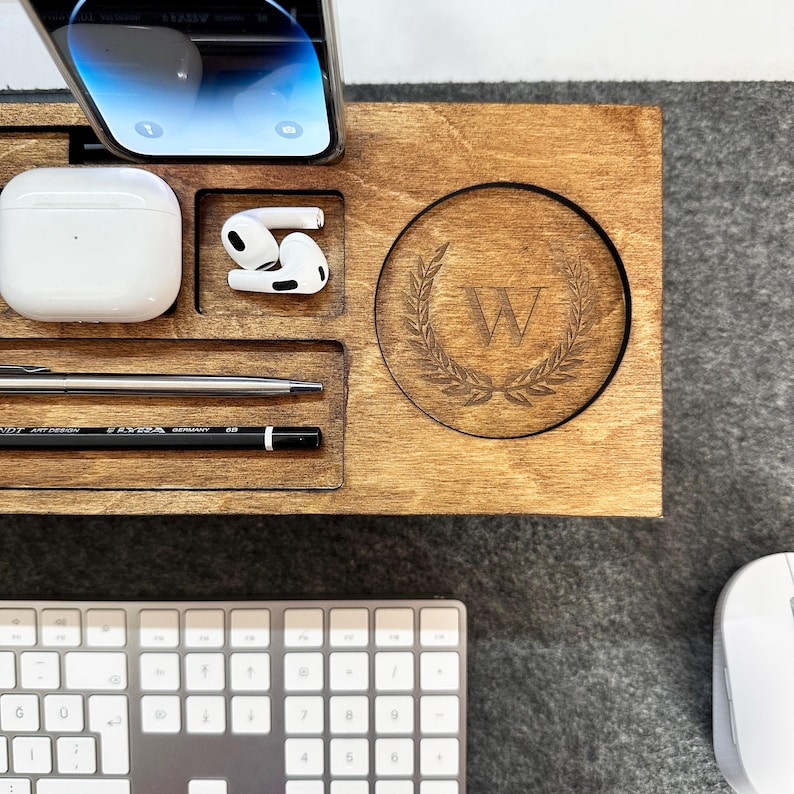 Personalized Wood Desk Organizer for Home Office-Custom Docking Station-Wood Catch All Tray Desk Organizer-Tablet and Phone Stand-Xmas Gift
