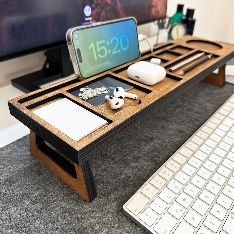 Personalized Wood Desk Organizer for Home Office-Custom Docking Station-Wood Catch All Tray Desk Organizer-Tablet and Phone Stand-Xmas Gift
