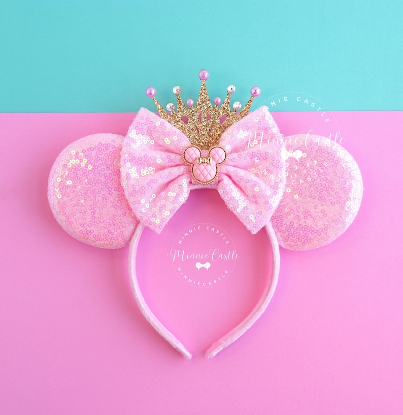 Pink Mickey Ears with Gold Crown, Mickey Ears, Minnie Ears, Princess Ears, Pink and Gold Mouse Ears Headband, Birthday Ears, Mickey Ears