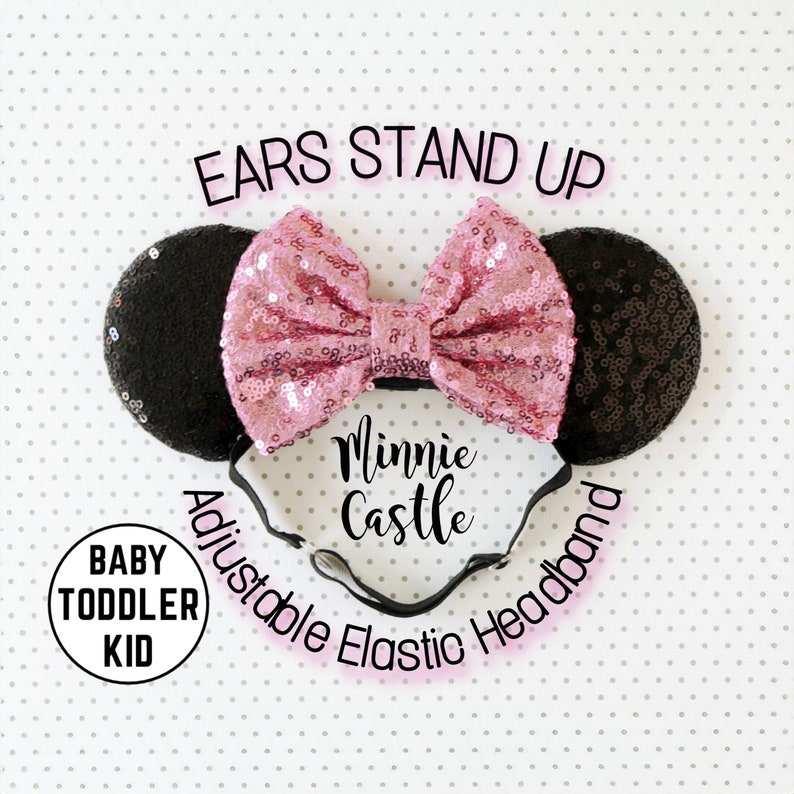 Minnie ears, Baby toddlers Mickey ears, Mouse ears with adjustable elastic headband, Pink and black sequin ears, Stretch band Mickey ears