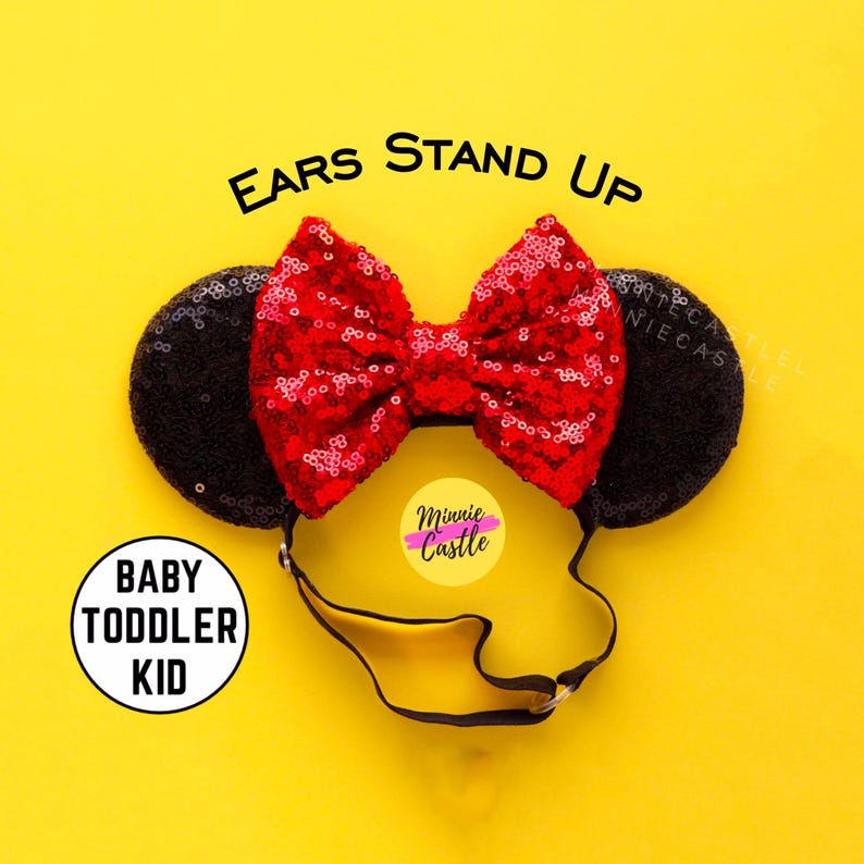 Minnie ears, Baby toddlers Mickey ears, Mouse ears with adjustable elastic headband, Baby Disney ears, Mickey ears, red black Sequin ears