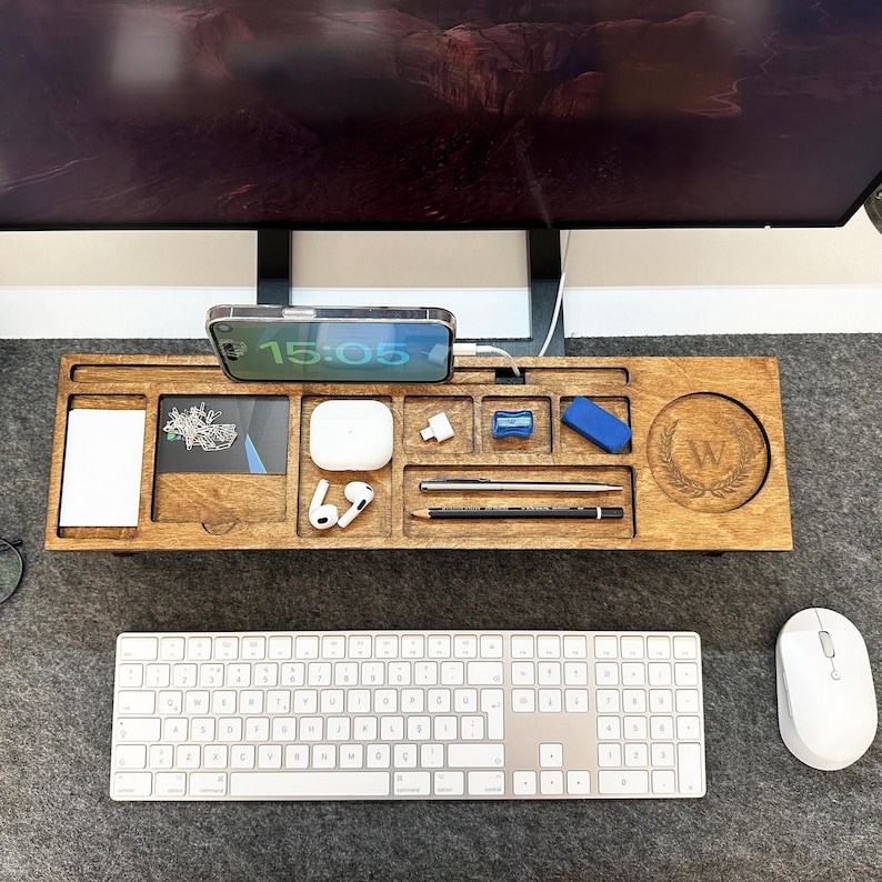 Personalized Wood Desk Organizer for Home Office-Custom Docking Station-Wood Catch All Tray Desk Organizer-Tablet and Phone Stand-Xmas Gift
