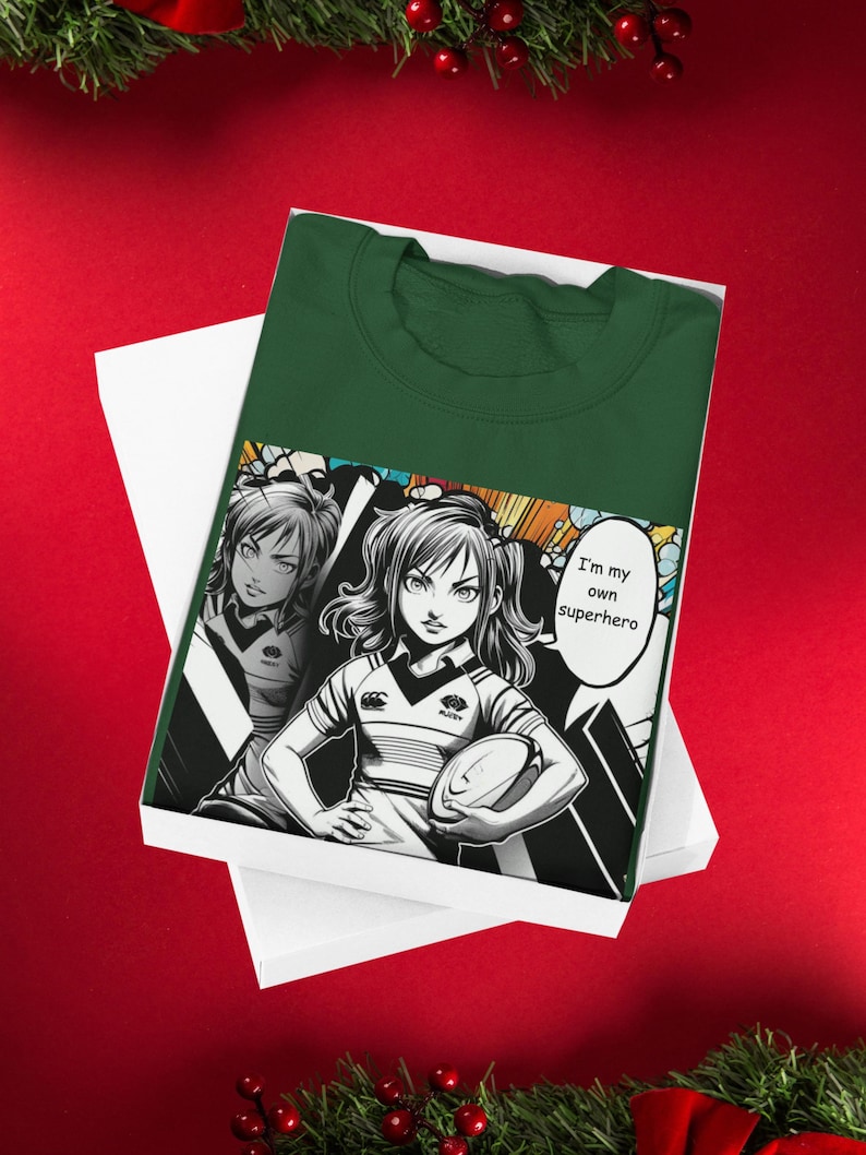Custom Manga Rugby Girl Sweatshirt | Superhero Design for Kids | Personalized Sports Gift with Name & Number