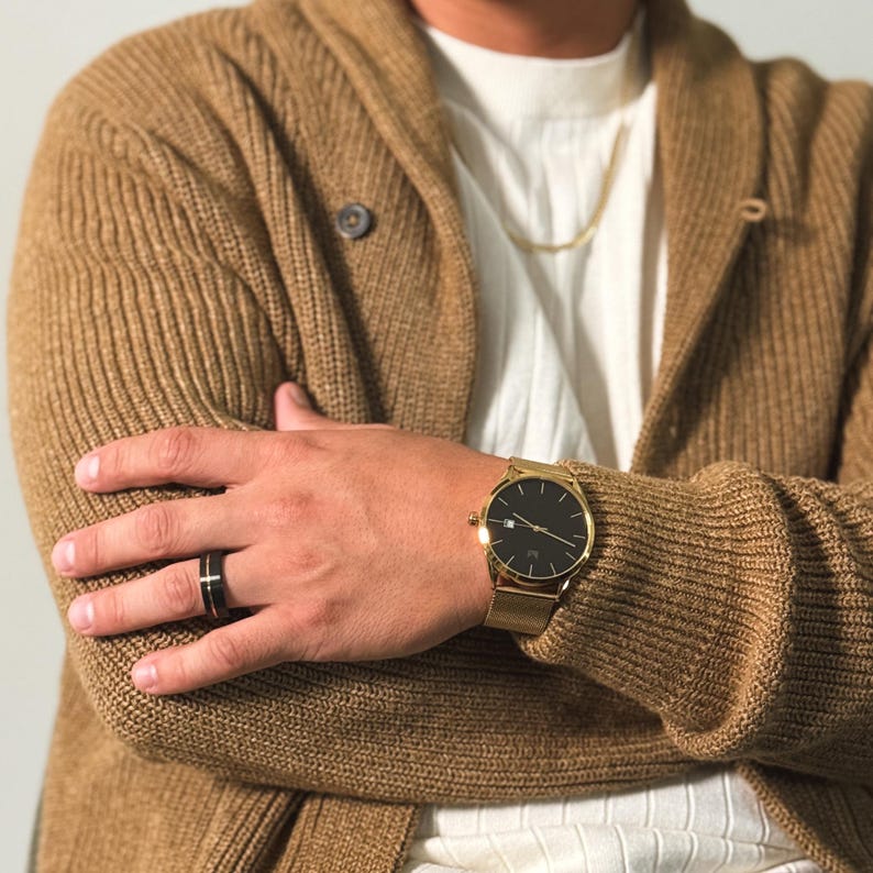 Men's Gold Watch - Minimalist Men's Watch - Personalized watch men gift - Gold Mesh Band Watch - Engraved Men's Watch - The Prestige
