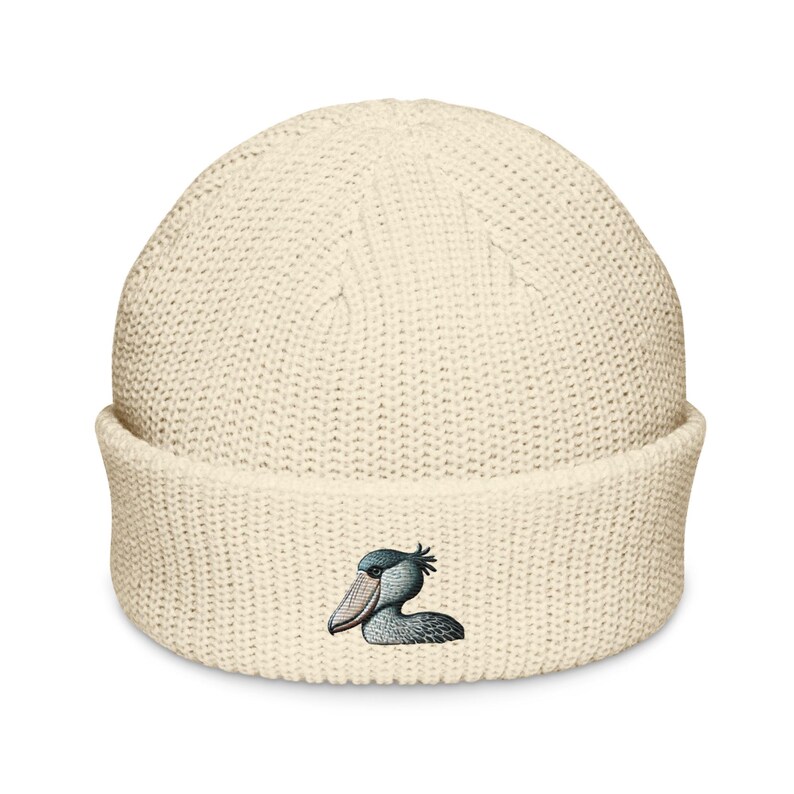 Embroidered Shoebill Stork Fisherman Beanie – Striking Wildlife Knit Hat Bird Hat