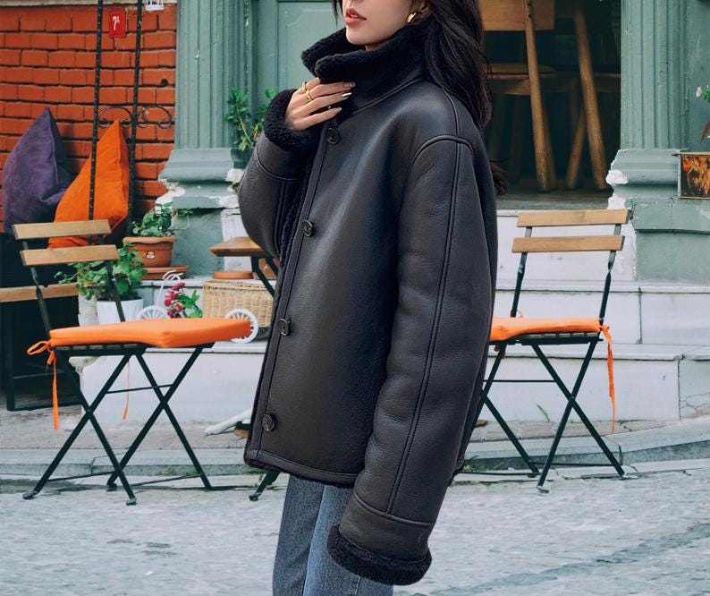 Women's Shearling Genuine Leather Jacket, Warm Jacket, Real Leather, Soft Winter Fashion Jacket, Ladies Biker Jacket, Faux Fur Jacket, Over