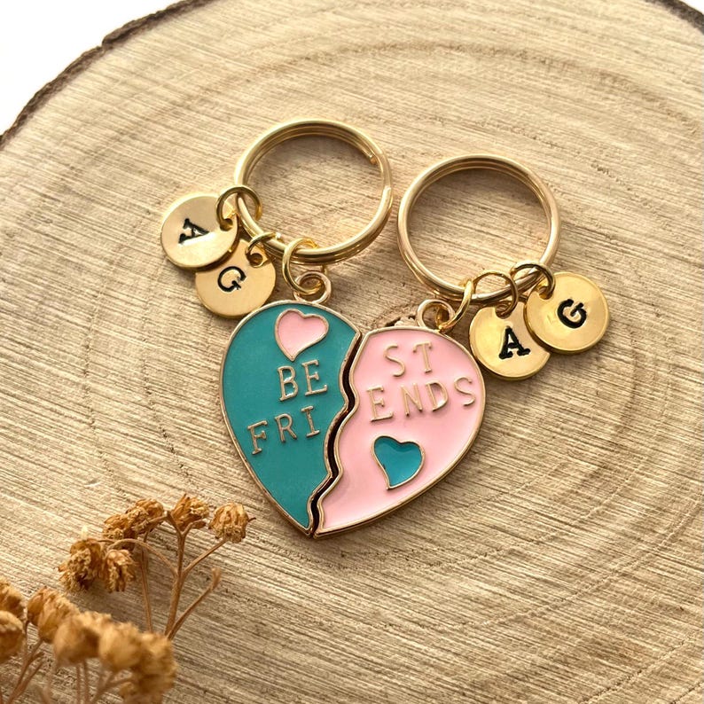 Best Friend Keyrings - Pair of Personalised Split Heart Halves for You and Them with Initial - Matching Friendship Keepsake Charm Keychain