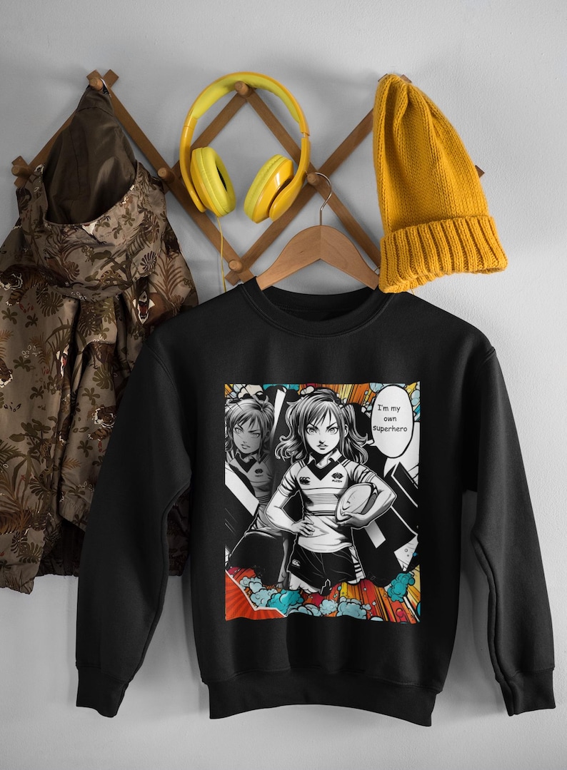 Custom Manga Rugby Girl Sweatshirt | Superhero Design for Kids | Personalized Sports Gift with Name & Number