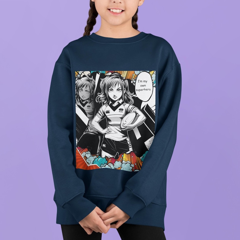 Custom Manga Rugby Girl Sweatshirt | Superhero Design for Kids | Personalized Sports Gift with Name & Number
