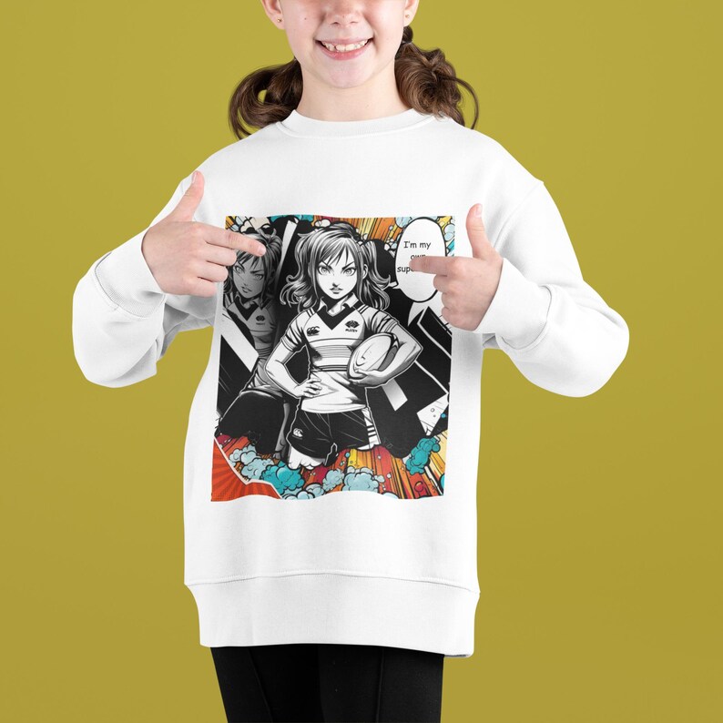 Custom Manga Rugby Girl Sweatshirt | Superhero Design for Kids | Personalized Sports Gift with Name & Number