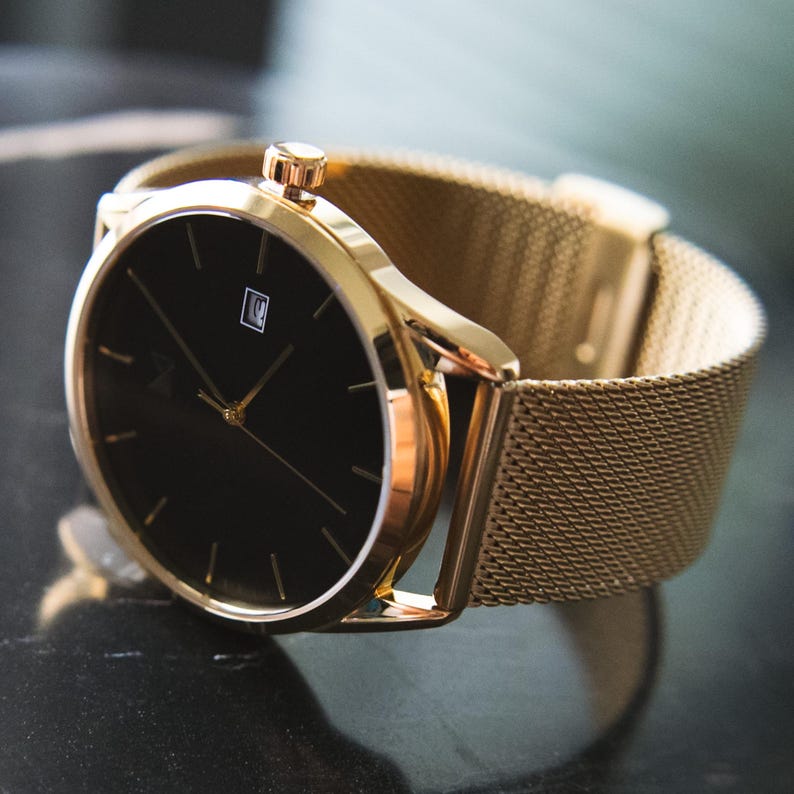 Men's Gold Watch - Minimalist Men's Watch - Personalized watch men gift - Gold Mesh Band Watch - Engraved Men's Watch - The Prestige