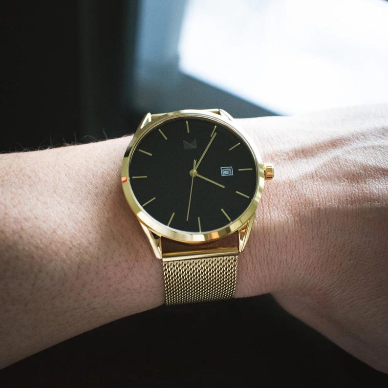 Men's Gold Watch - Minimalist Men's Watch - Personalized watch men gift - Gold Mesh Band Watch - Engraved Men's Watch - The Prestige