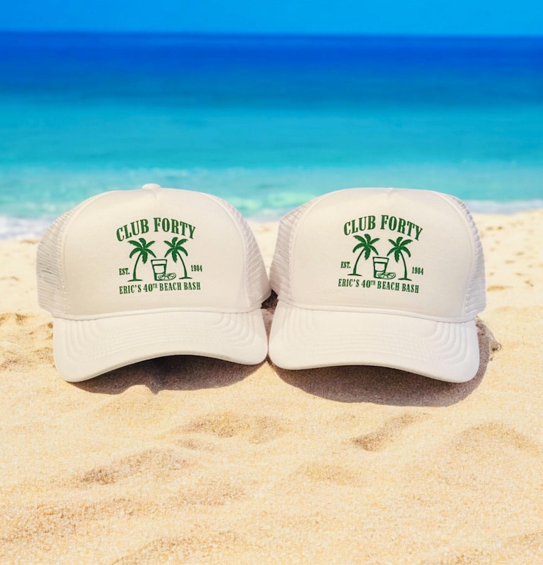 Birthday Club Trucker Hats | beach Birthday Hat | Beach Bachelorette or Birthday party favors | 30 40 50 60 Birthday hats
Analyze listing