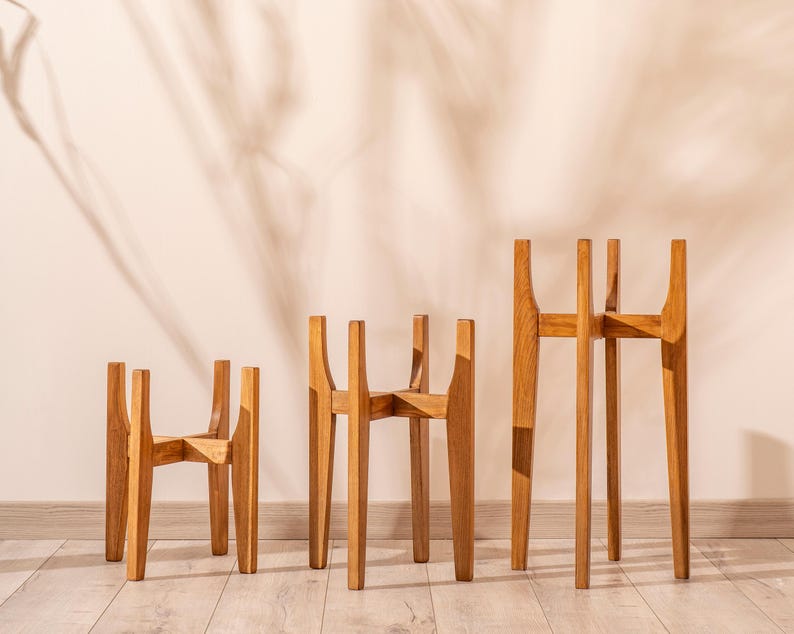 Indoor Plant Stand in Wood Mid Century Modern Style, Handmade Solid Hardwood Home Decor
