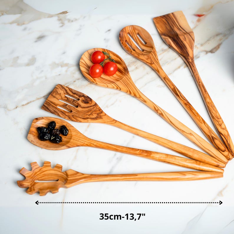 Artisan Olive Wood Kitchen Utensil Set: 6-Piece Mediterranean Cooking Spoons
