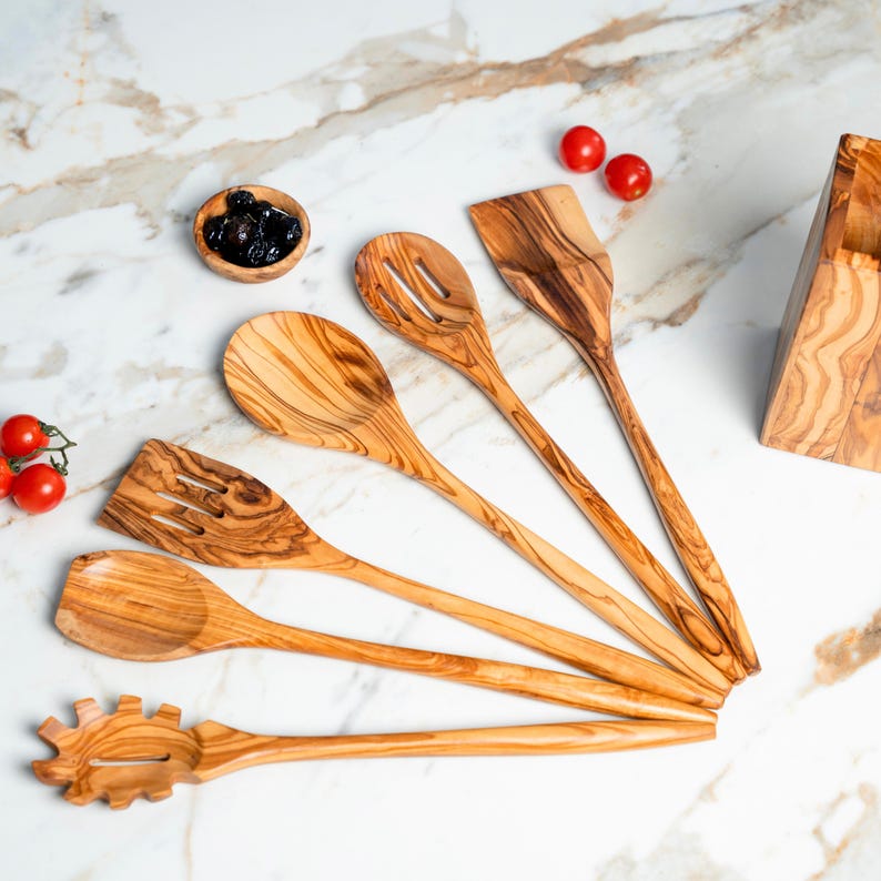 Artisan Olive Wood Kitchen Utensil Set: 6-Piece Mediterranean Cooking Spoons
