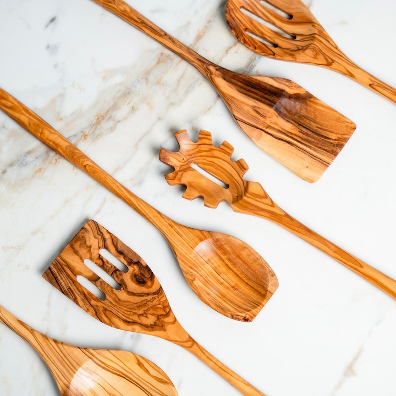 Artisan Olive Wood Kitchen Utensil Set: 6-Piece Mediterranean Cooking Spoons

