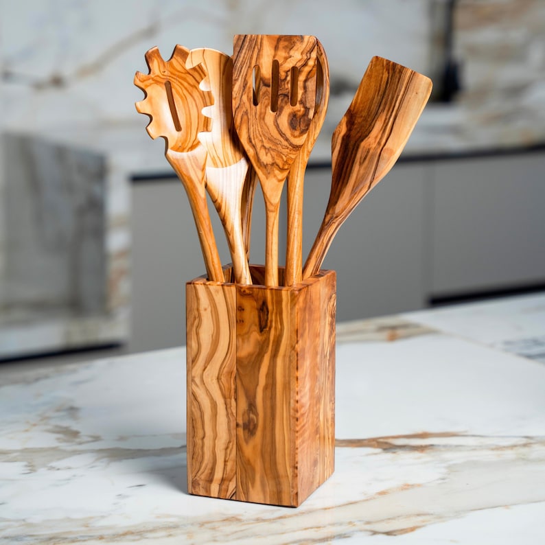 Artisan Olive Wood Kitchen Utensil Set: 6-Piece Mediterranean Cooking Spoons
