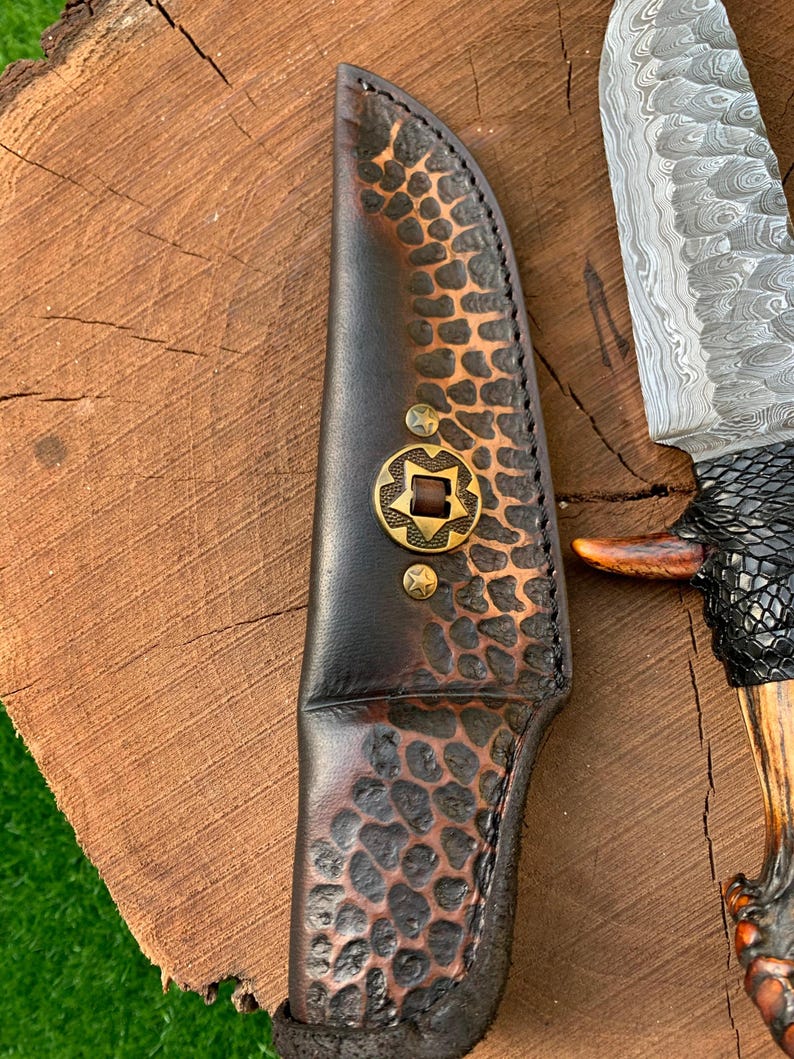 Handmade Damascus Steel Art Deer Antler Handle, Leather Sheath
Analyze listing