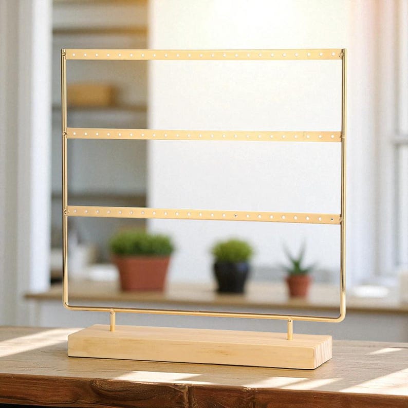 Wooden Jewelry Stand Organizer: Gold Earring Display Holder
