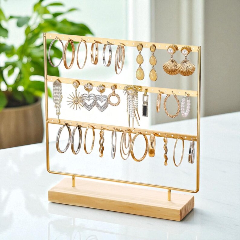 Wooden Jewelry Stand Organizer: Gold Earring Display Holder

