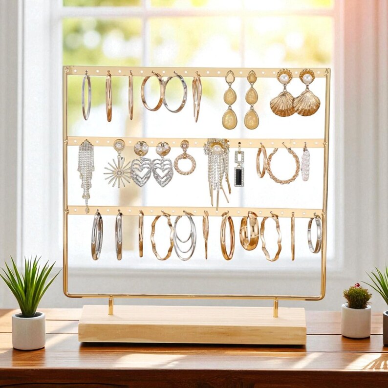 Wooden Jewelry Stand Organizer: Gold Earring Display Holder
