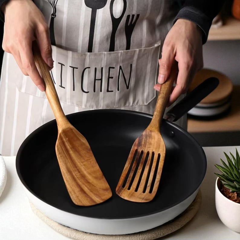 Teak Wood Spatula Set – Long Handle Cooking Utensils, Slotted & Solid, Heat-Resistant Tools for Non-Stick Pans (2 Piece Set)
