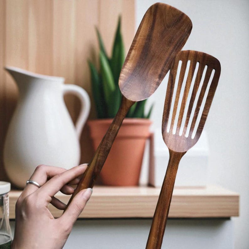 Teak Wood Spatula Set – Long Handle Cooking Utensils, Slotted & Solid, Heat-Resistant Tools for Non-Stick Pans (2 Piece Set)
