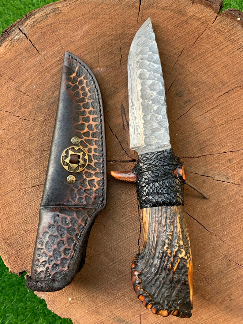 Handmade Damascus Steel Art Deer Antler Handle, Leather Sheath
Analyze listing
