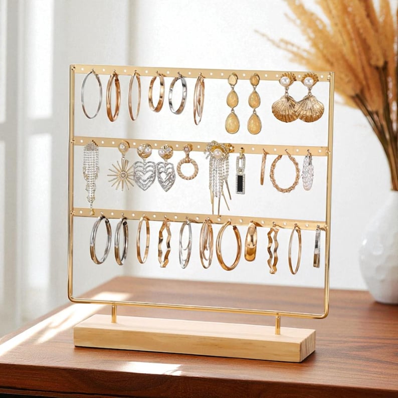Wooden Jewelry Stand Organizer: Gold Earring Display Holder
