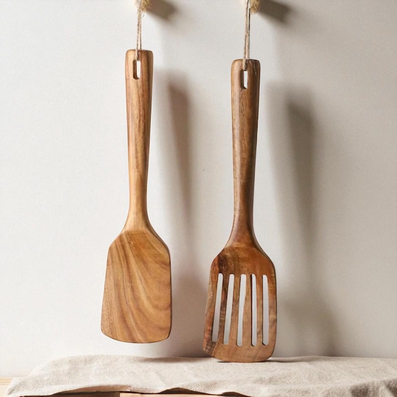 Teak Wood Spatula Set – Long Handle Cooking Utensils, Slotted & Solid, Heat-Resistant Tools for Non-Stick Pans (2 Piece Set)
