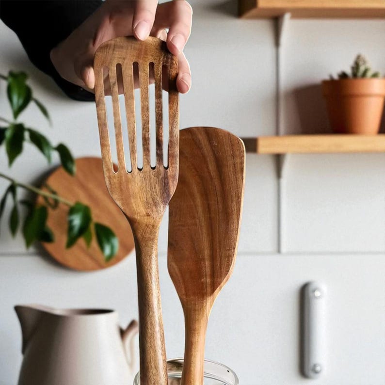 Teak Wood Spatula Set – Long Handle Cooking Utensils, Slotted & Solid, Heat-Resistant Tools for Non-Stick Pans (2 Piece Set)
