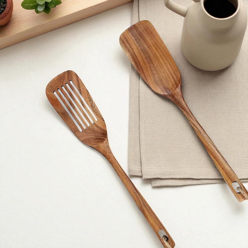 Teak Wood Spatula Set – Long Handle Cooking Utensils, Slotted & Solid, Heat-Resistant Tools for Non-Stick Pans (2 Piece Set)
