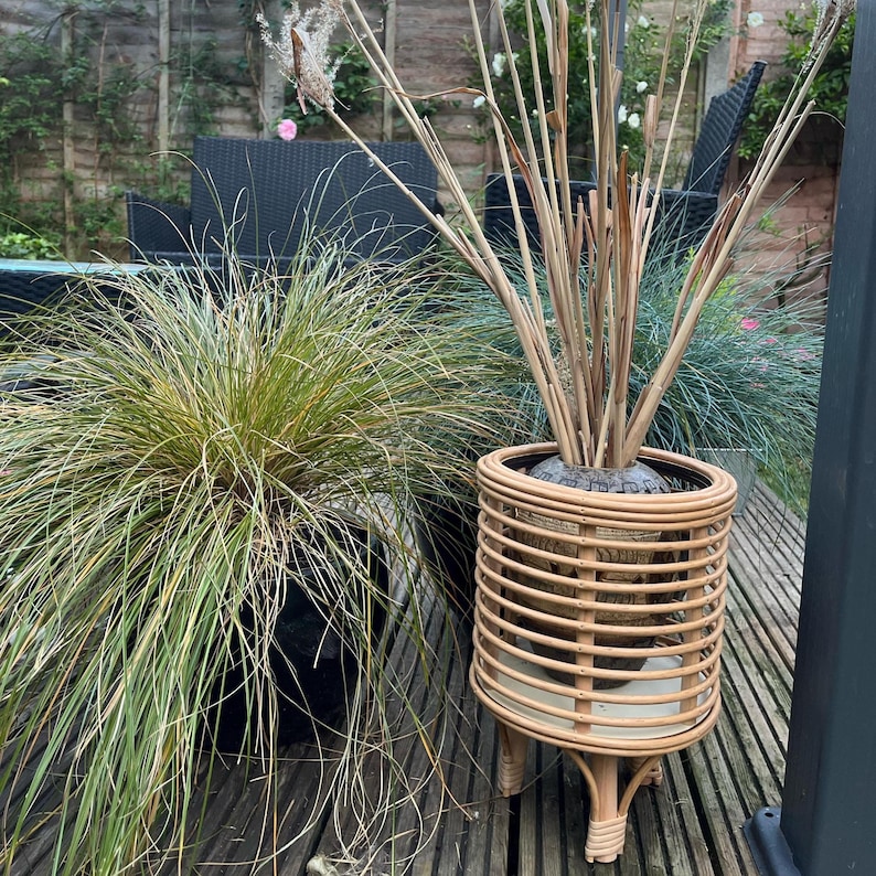 Handwoven Boho Rattan Plant Basket – Eco-Friendly Natural Bamboo Planter & Stand Basket for Plants, Home Decor, Housewarming Gift
